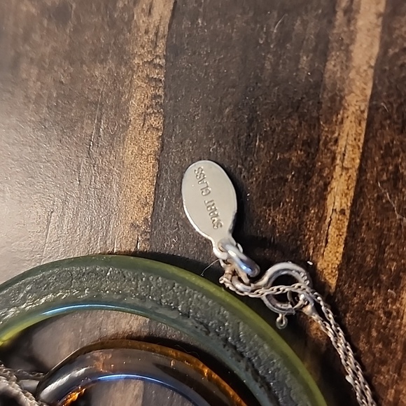 Smart Glass Sterling Silver 925 Recycled Green and Brown Glass Circle Necklace - Picture 2 of 2